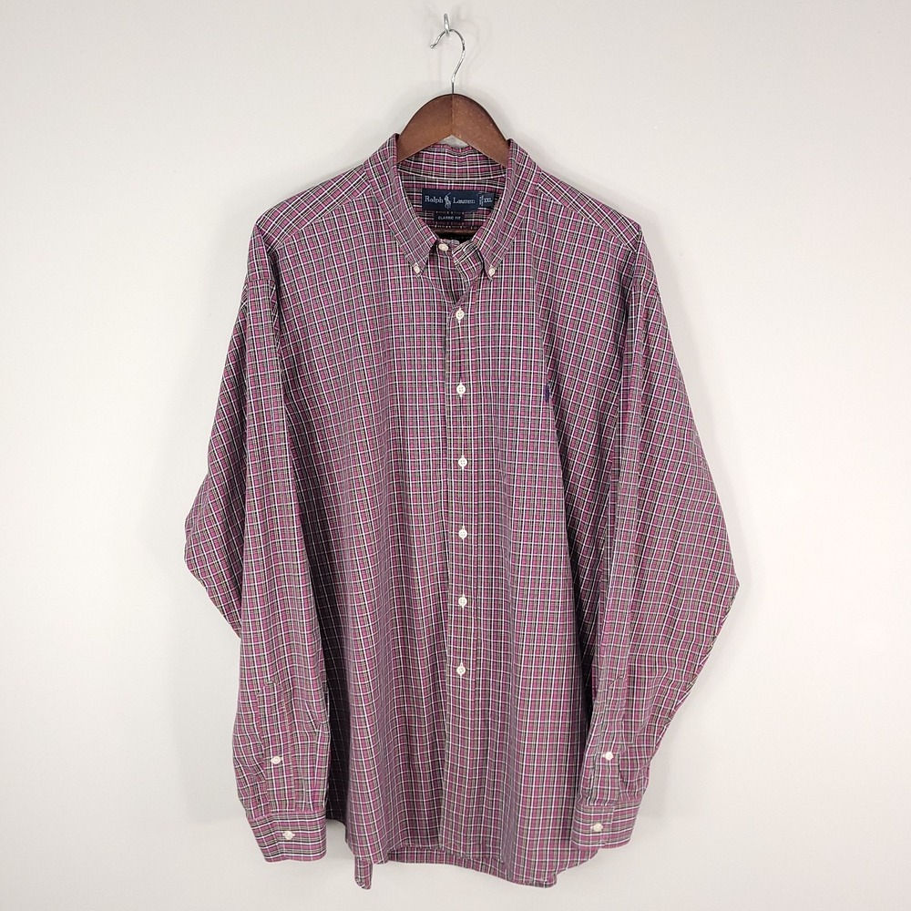 Ralph Lauren Shirt Mens 2XL XXL Red Plaid Poplin Classic Long Sleeve Button Down